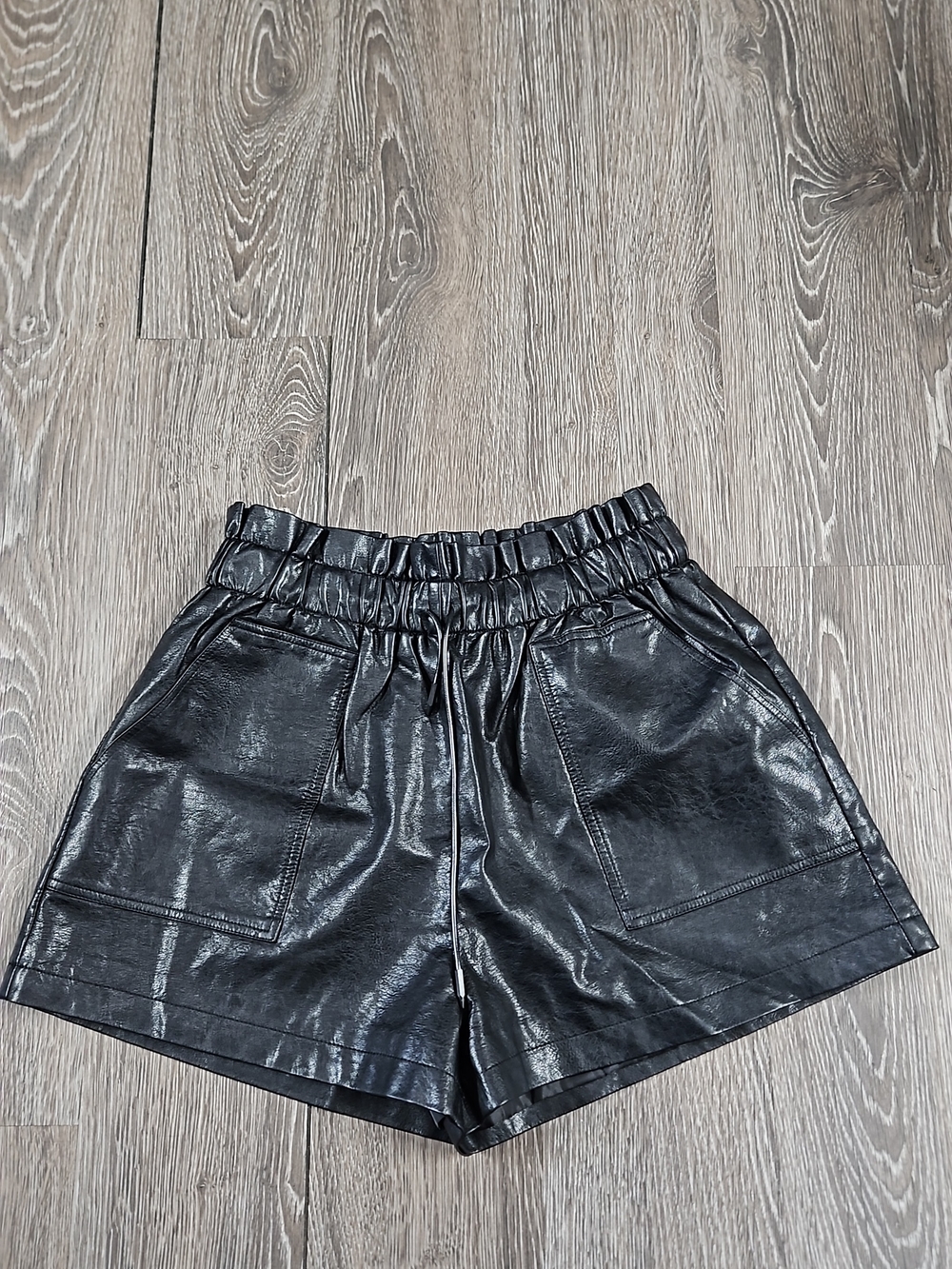 High-Rise Black Faux Leather Women's Shorts with Elastic Waist
